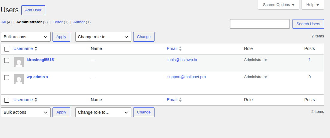 The Administrators list under Users